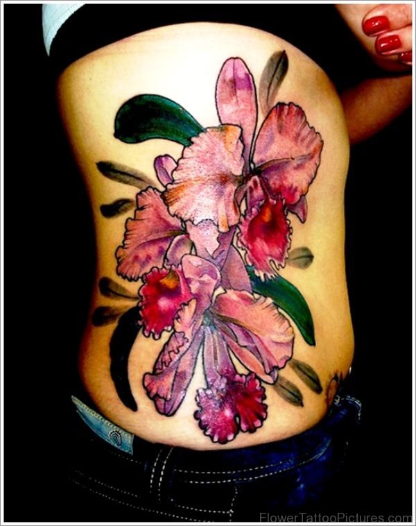 3D Orchid Tattoo Design On Rib