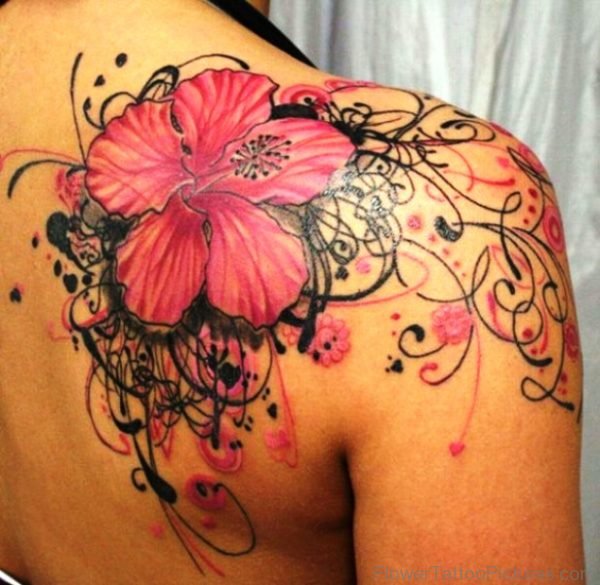 Big Beautiful Pink Orchid Flower Tattoo On Shoulder