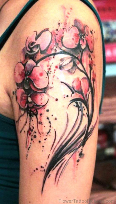 Black And Pink Watercolor Orchid Flower Tattoo