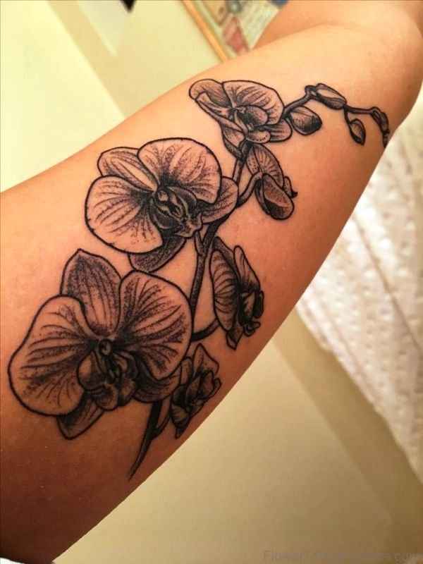 Black Inked Orchid Flowers Tattoo On Arm