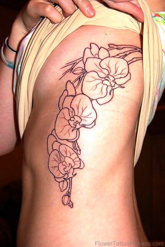 Black Line Orchid Flower Tattoo On Rib