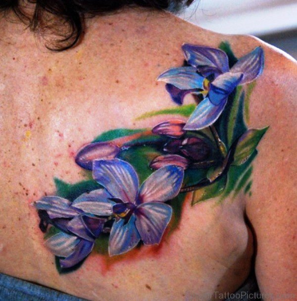 Blue Orchid Flowers Tattoo Design On Shoulder