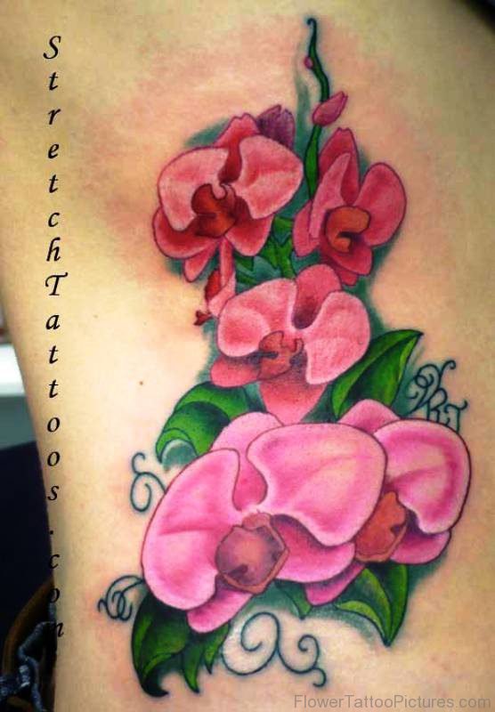 Brilliant Pink Orchid Flowers Tattoo Design