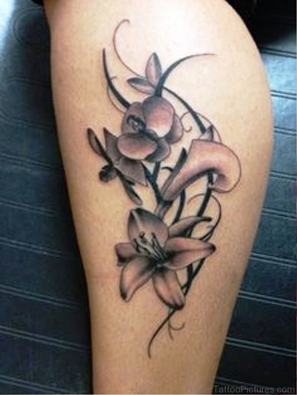 Brown Orchid Flower Tattoo On Leg