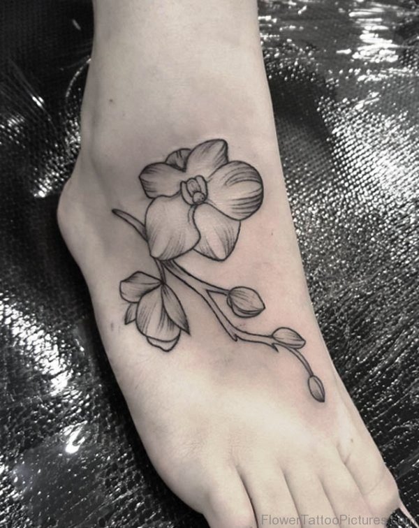 Classic Black Outline Orchid Flower Tattoo On Foot