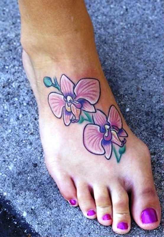 Classic Orchid Flowers Tattoo On Foot