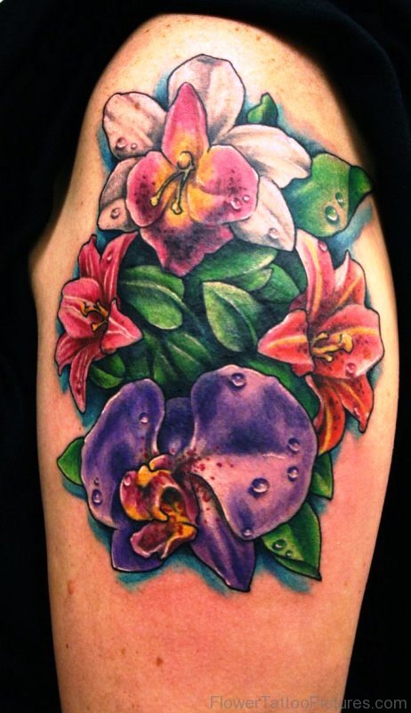 Colorful Orchid Flowers Tattoo On Shoulder