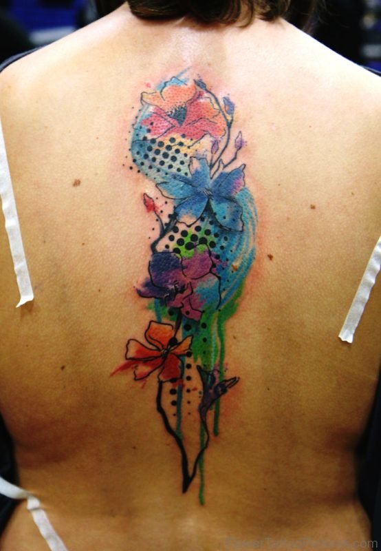 Colorful Watercolor Orchid Tattoo On Back