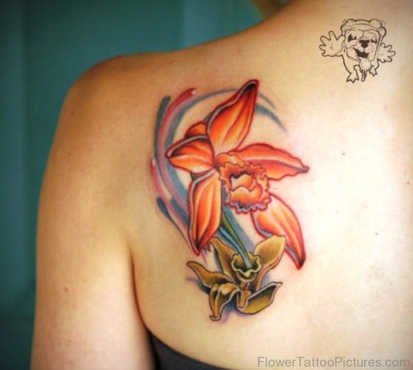 Cool Orange Orchid Flower Tattoo On Shoulder