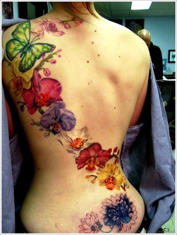 Cool Orchid Flower Tattoo Design On Full Back