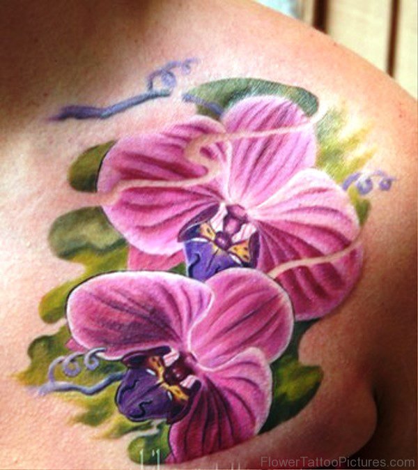 Cute Orchid Flowers Tattoo On Chest