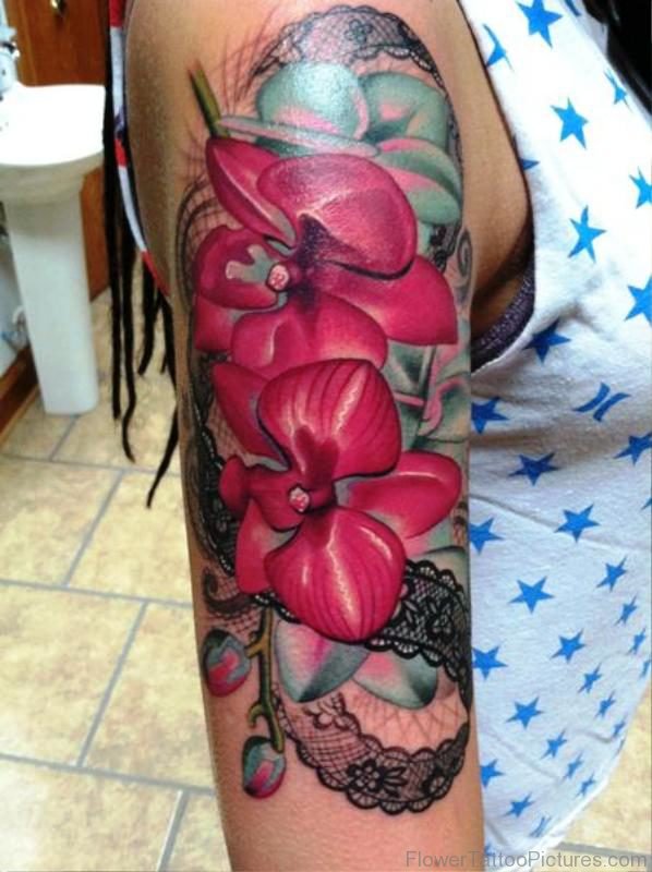 Dark Pink Orchid Flower Tattoo On Arm