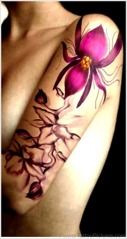 Dark Pink Orchid Flower Tattoo On Shoulder