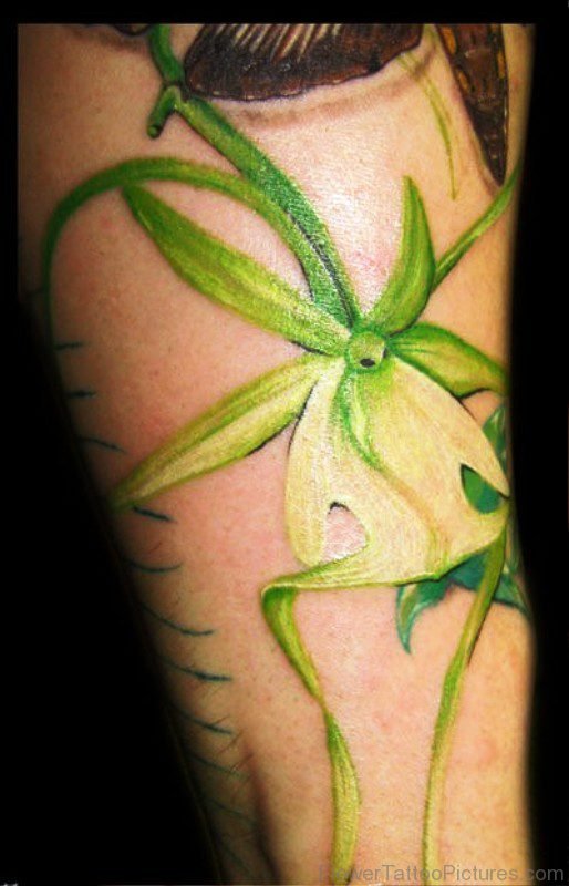 Green Orchid Flower Tattoo On Leg