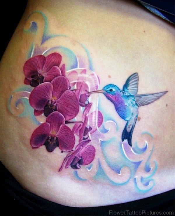 Humming Bird And Orchid Flowers Tattoo