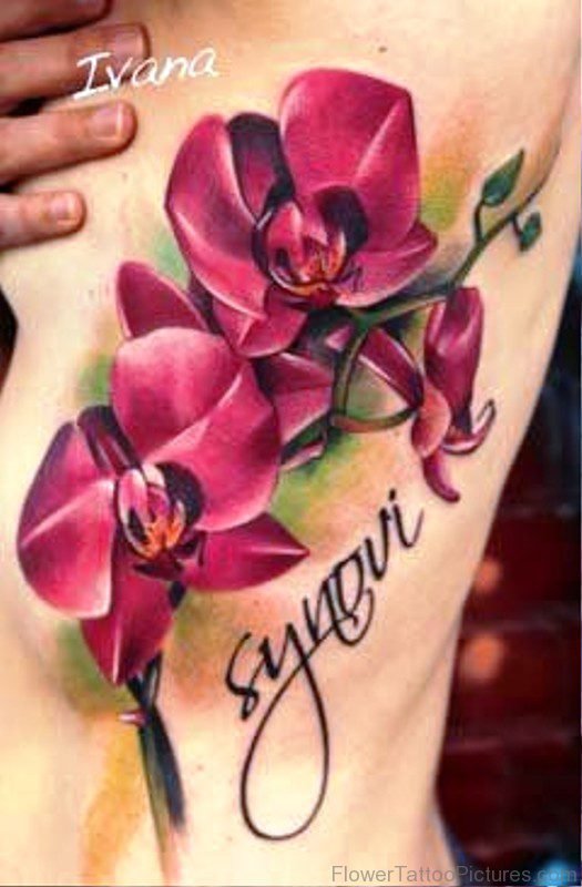 Maroon Orchid Flowers Tattoo On Rib