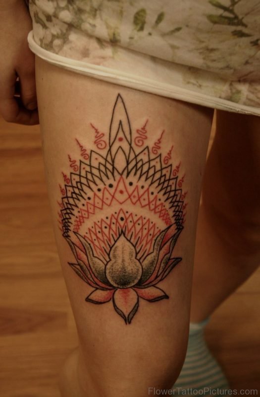 Attractive Lotus Tattoo On Thigh