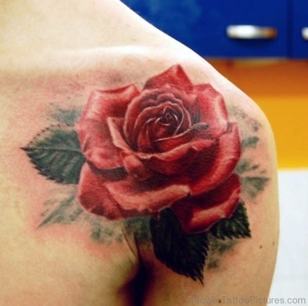 Attractive Red Rose Shoulder Tattoo