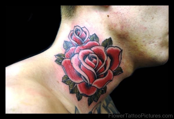 Attractive Red Rose Tattoo On Neck