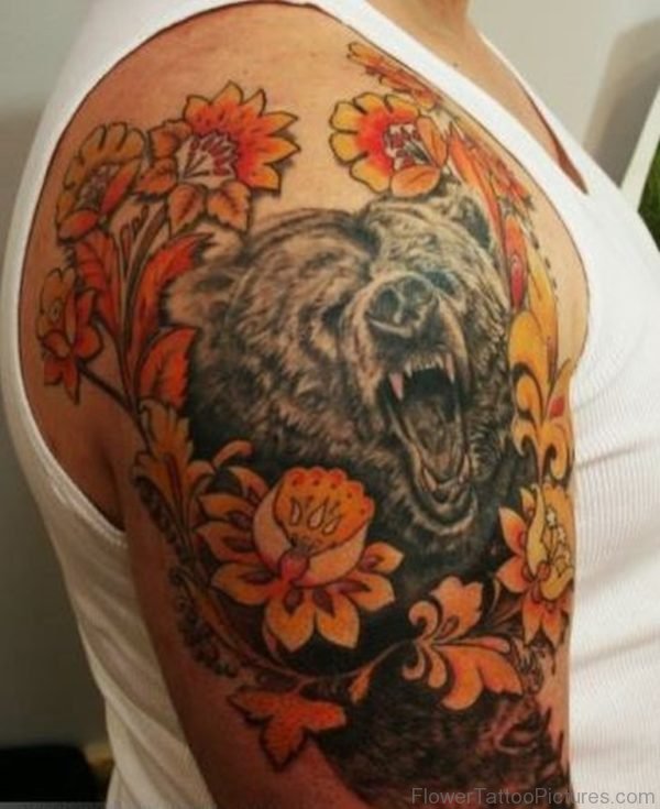 Bear And Flowers Tattoo Design