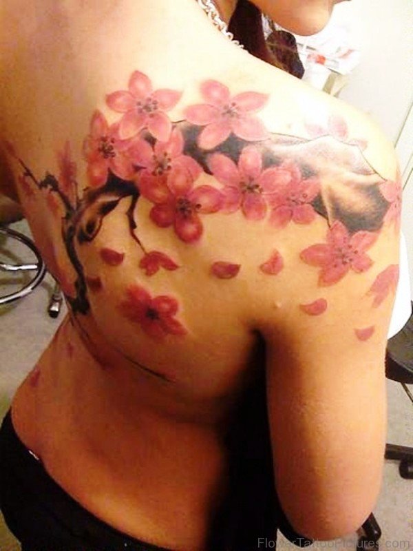 Beautiful Cherry Blossom Tattoo On Shoulder Back