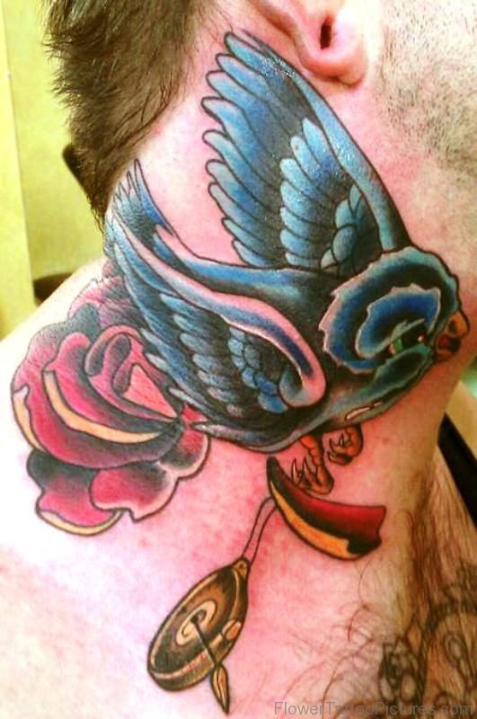 Beautiful Dove And Rose Tattoo On Neck
