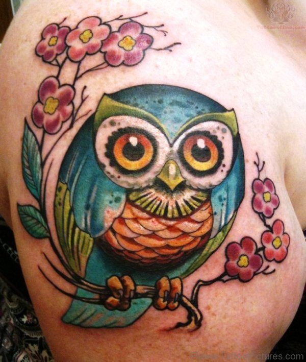 Beautiful Flowers And Owl Tattoo