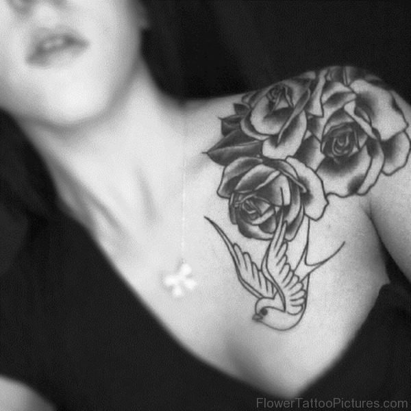 Bird And Black Rose Flower Tattoo