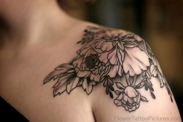 Black And Grey Peony Flowers Tattoo