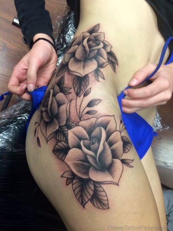 Black And Grey Rose Tattoo On Thigh