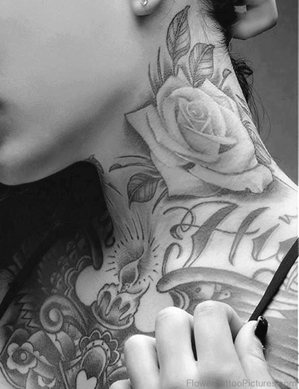 Black And White Rose Tatto On Neck