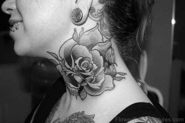Black And White Roses Tattoo On Neck