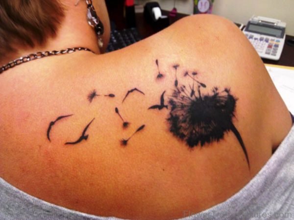 Black Dandelion Tattoo On Shoulder
