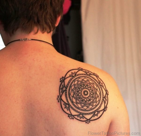 Black Mandala Tattoo On Shoulder Back