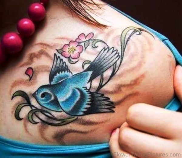 Blue Bird And Cherry Blossom Flower Tattoo