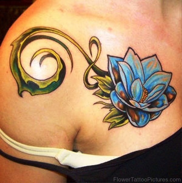 Blue Flower Tattoo On Front Shoulder