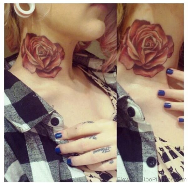 Brown Rose Tattoo On Neck