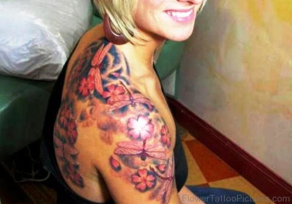 Cherry Blossom Flower Designer Tattoo On Shoulder