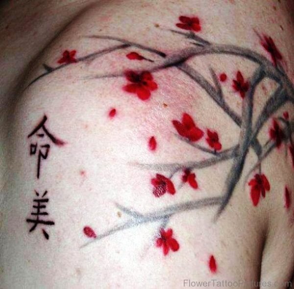 Cherry Blossom Flower Tattoo On Left Shoulder