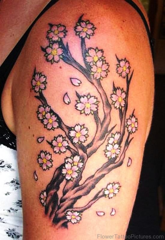 Cherry Blossom Tattoo On Left Shoulder
