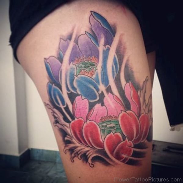 Classic Lotus Tattoo On Thigh