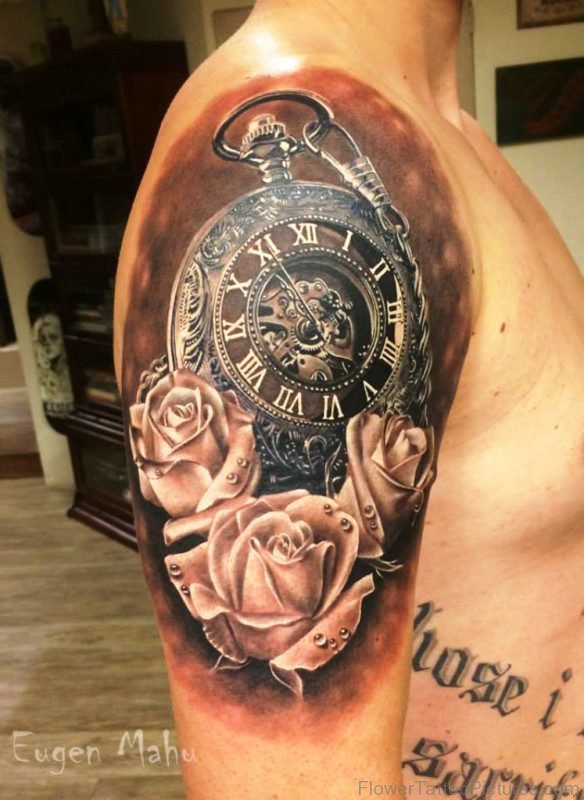 Clock And Roses Tattoo