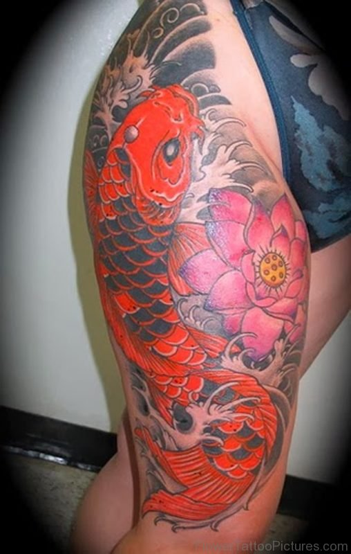 Colored Fish And Lotus Tattoo