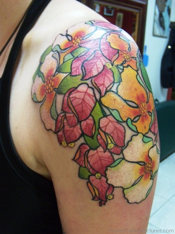 Colored Flowres Tattoo On Shoulder