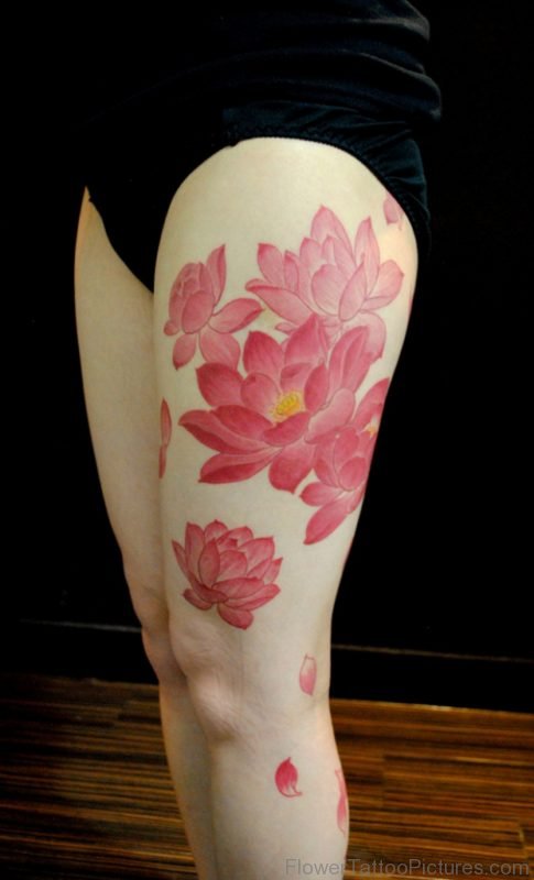 Colored Lotus Tattoo On Thigh