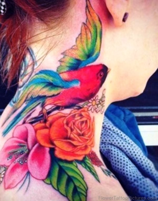 Colored Rose And Flower Tattoo
