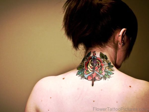 Colored Rose Neck Tattoo