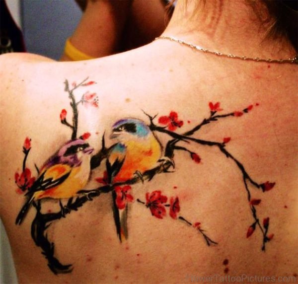 Colorful Cherry Blossom Flower And Bird Tattoo