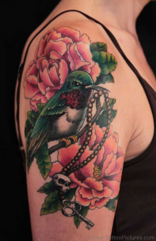 Colorful Green Sparrow Hibiscus Flower Tattoo