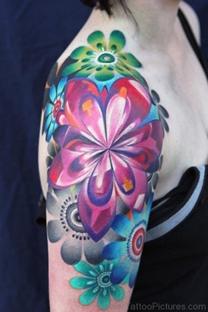 Colorful Halfe Sleeves Shoulder Tattoo